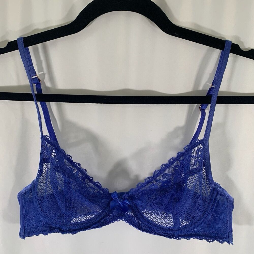 Savage X Bralette Women's Blue Lace Sheer Hook Eye Underwired